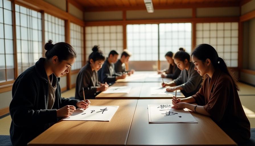 静かな和室で書道に取り組む受講生たちの様子